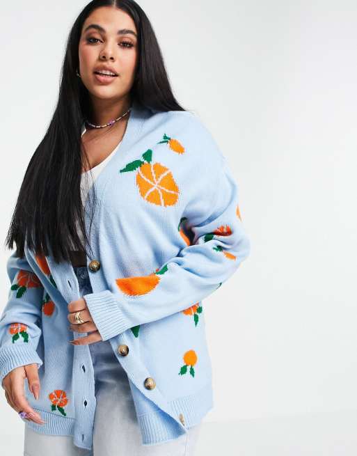 ASOS DESIGN Curve cardigan with fruit pattern in blue ASOS