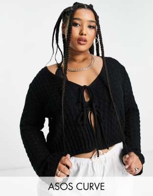 ASOS DESIGN Curve cardigan with tie front in pointelle stitch in black