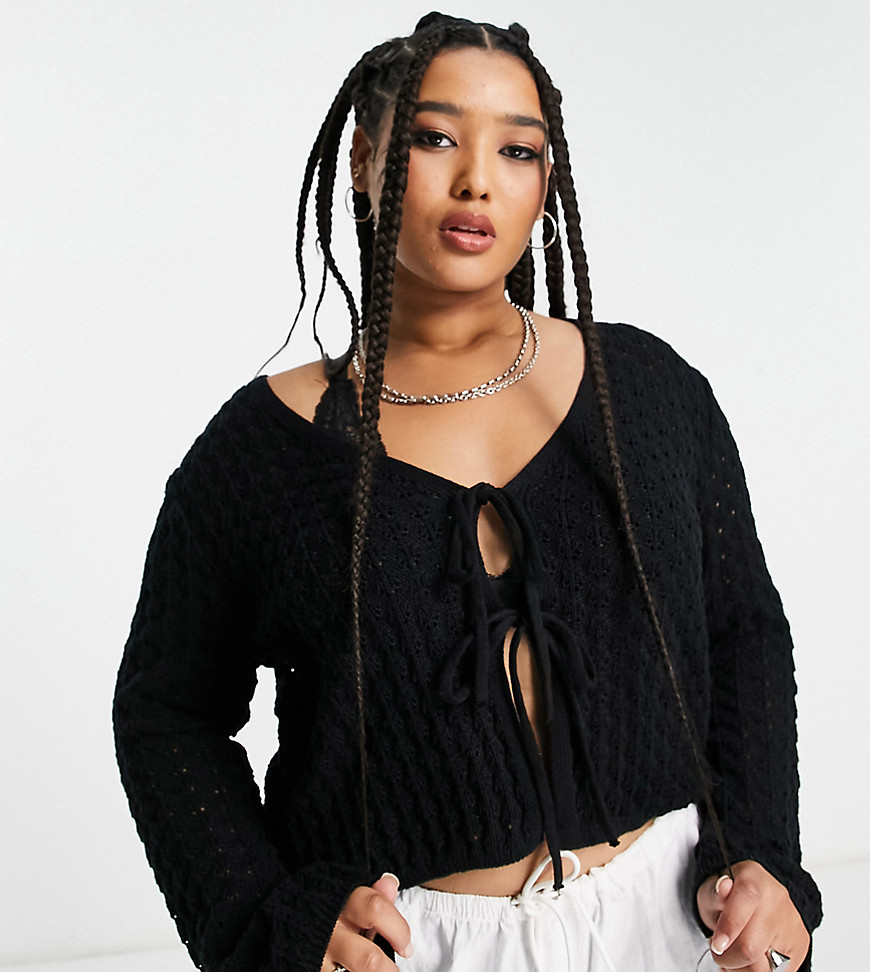 ASOS DESIGN Curve cardigan with tie front in pointelle stitch in black
