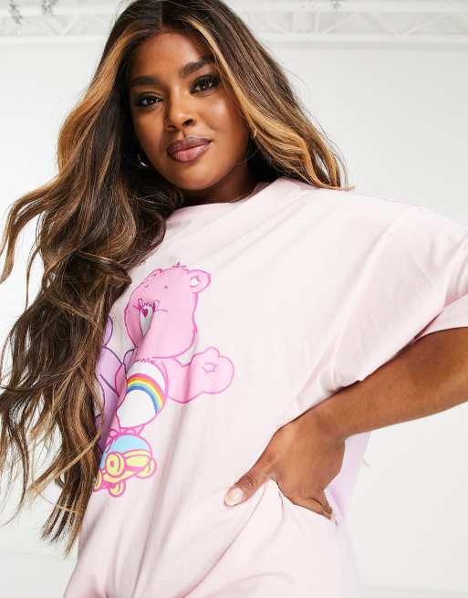 ASOS DESIGN Curve Care Bears Camicia da notte rosa e lilla double face con stampa di orsetti danzanti
