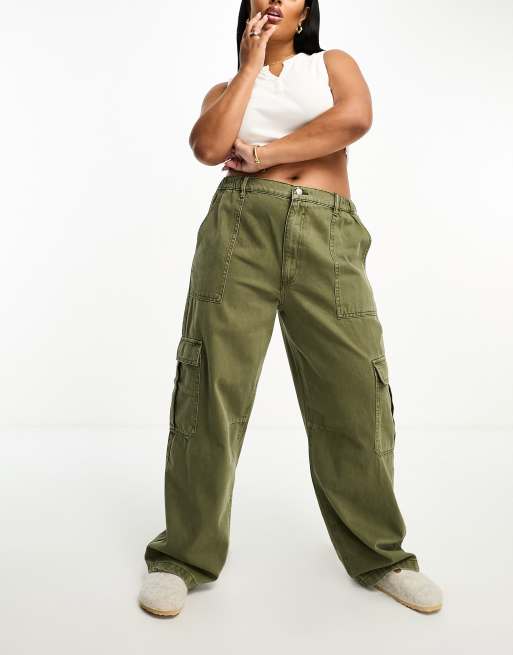 YOURS Curve Plus Size Khaki Green Wide Leg Pocket Cargo Trousers