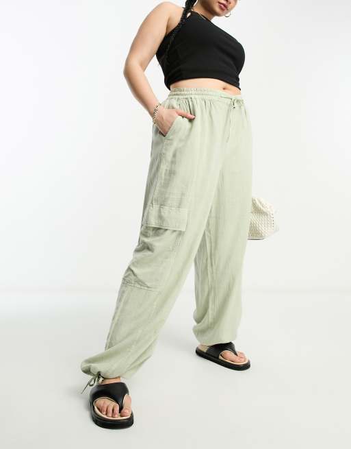 ASOS DESIGN Curve – Cargohose zum Reinschlüpfen in Salbeigrün mit Leinenanteil
