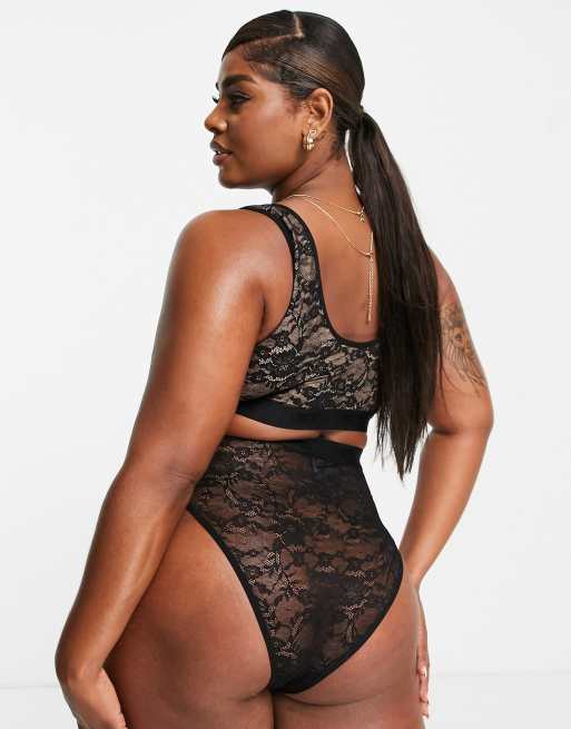 ASOS DESIGN Curve Caris lace brazilian with logo elastic in black