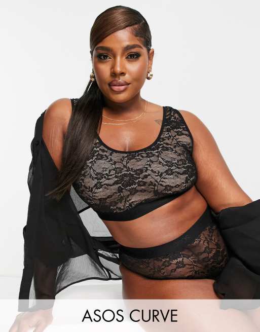 ASOS DESIGN Curve - Caris - Reggiseno con scollo rotondo in pizzo nero con elastico con logo