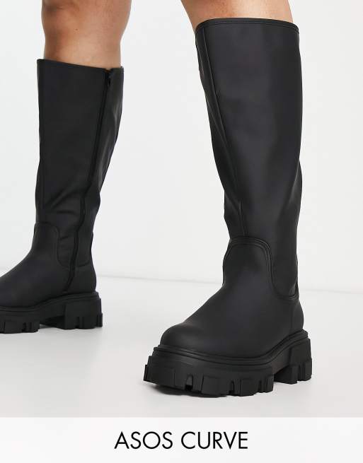 ASOS DESIGN Curve Carla chunky flat knee boots in black ASOS