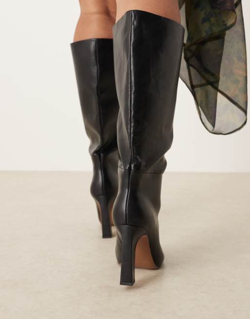 ASOS DESIGN Curve Carly block heel pull-on knee boots in black