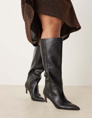 ASOS DESIGN Curve Carmel pull on kitten heel knee boots in black