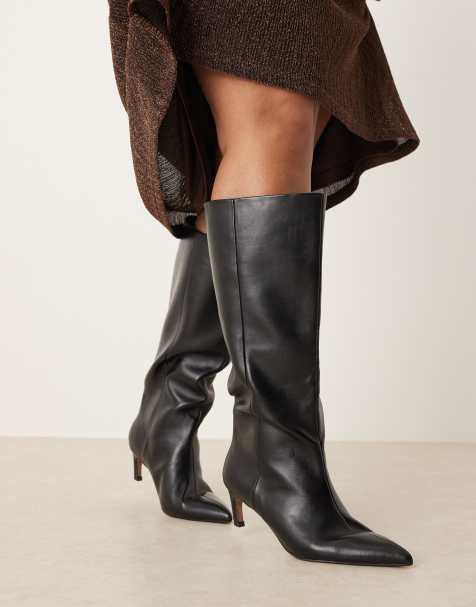 ASOS DESIGN Curve Carmel pull on kitten heel knee boots in black - view 1