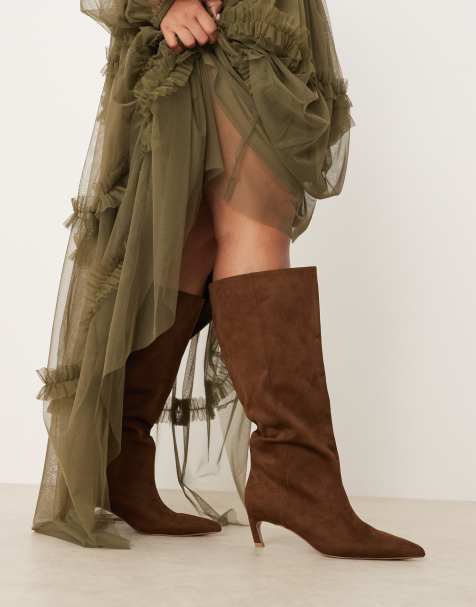 ASOS DESIGN Curve Carmel pull-on kitten heel knee boots in chocolate suedette - view 1