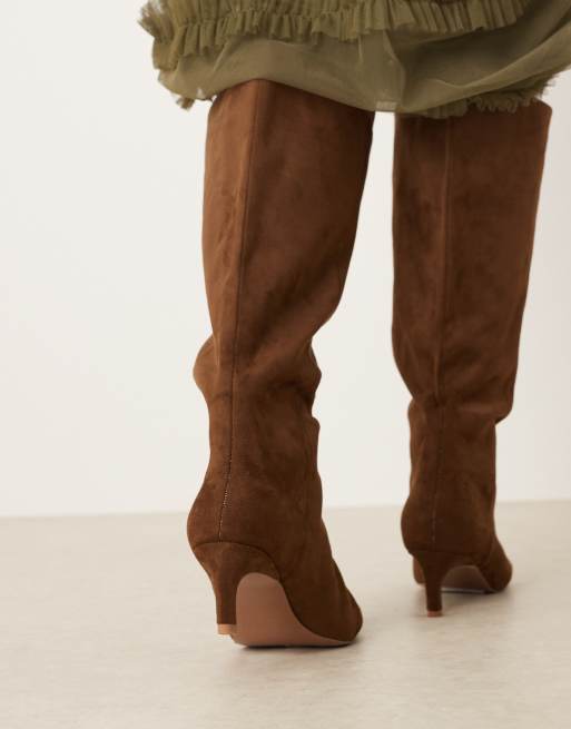 ASOS DESIGN Curve Carmel pull-on kitten heel knee boots in chocolate suedette