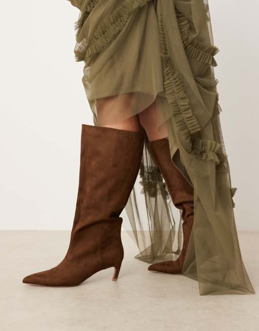 ASOS DESIGN Curve Carmel pull-on kitten heel knee boots in chocolate suedette