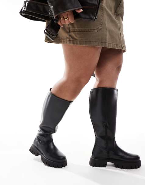 ASOS DESIGN Curve Carter chunky flat knee boots in black - view 1