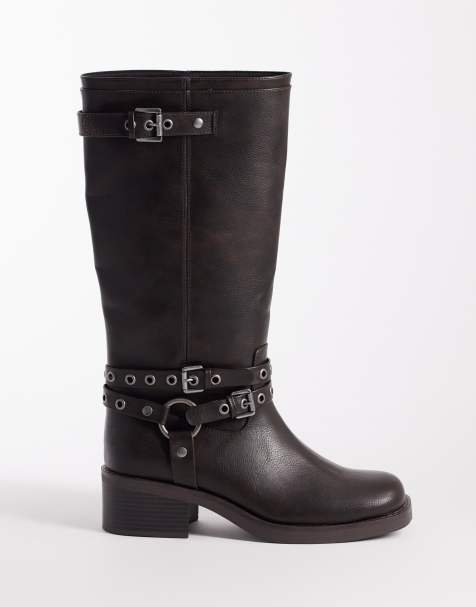 ASOS DESIGN Curve - Cassandra - Bikerlaarzen met veteroogjes in gepolijst bruin - view 1