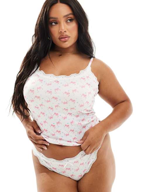 ASOS DESIGN Curve – Cassie – Prążkowany zestaw w drobny kwiatowy wzór z topem na ramiączkach i figami z kokardką