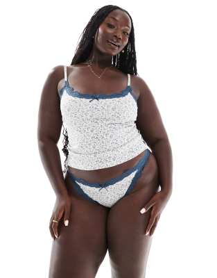 ASOS DESIGN Curve Cassie rib cami and briefs set in gray & navy ditsy print