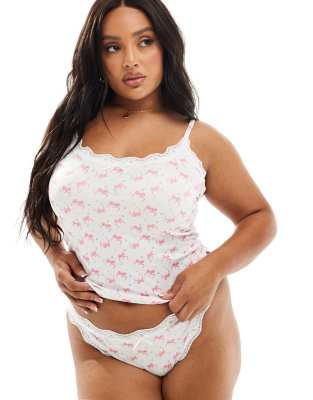 ASOS DESIGN Curve Cassie rib knit camisole and panty set in bow & floral print-White