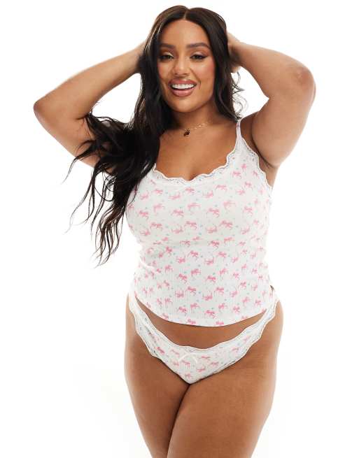 ASOS DESIGN Curve – Cassie – Rosettmönstrat, ribbat set med linne och trosor, 4 av 4