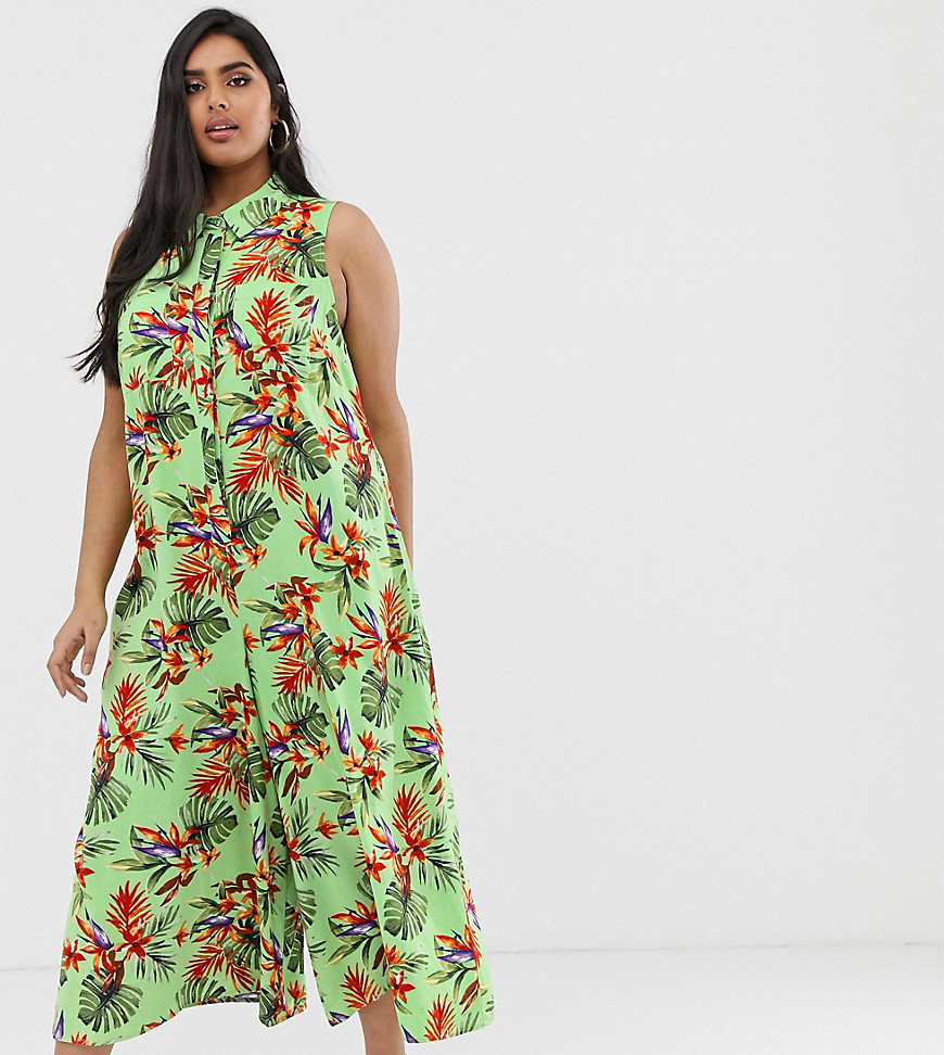 ASOS DESIGN Curve – Casual jumpsuit med culotte-byxor, skjorta och tropiskt mönster-Flerfärgad