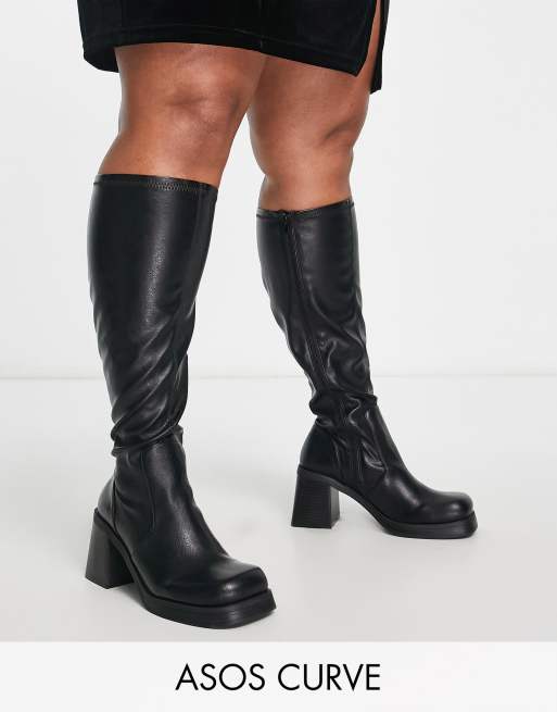 ASOS DESIGN Curve – Catch – Svarta, knähöga sockboots med halvhög klack