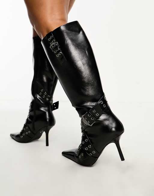ASOS DESIGN Curve - Caution - Bottes montantes à talon et détail métallique - Noir, 2 de 4