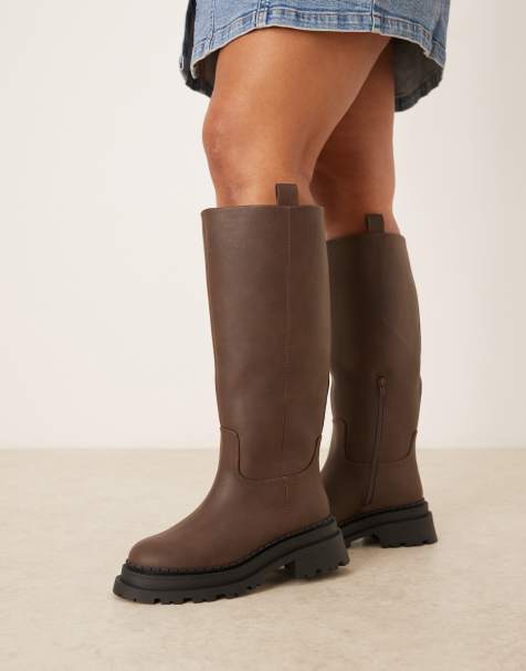 ASOS DESIGN Curve - Cecilia - Chokoladebrune chunky flade knæstøvler - view 1