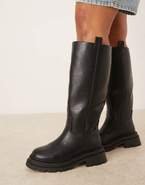 ASOS DESIGN Curve Cecilia chunky flat knee boots in black - view 1
