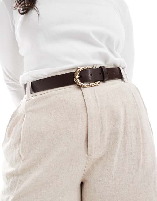 ASOS DESIGN Curve - Ceinture taille et hanches pour jeans avec boucle dorée effet serpent - Marron