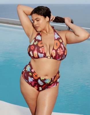 ASOS DESIGN Curve - Celeste - Bas de bikini échancré à taille haute - Imprimé vacances-Multicolore