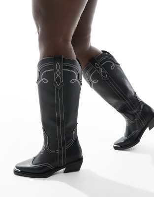 ASOS DESIGN Curve - Celeste - Bottes western plates à surpiqûres - Noir