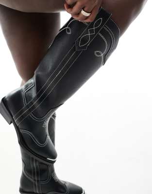 Asos Design Curve Celeste Flat Western Knee Boots In Black