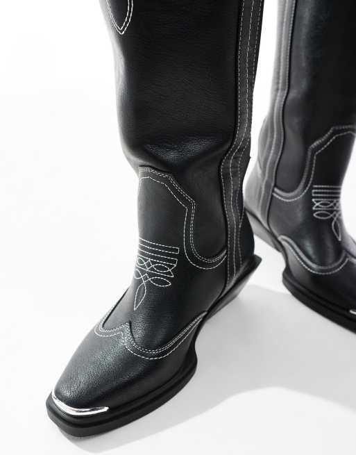 ASOS DESIGN Curve Celeste flat western knee boots in black with stitching, 4 of 4