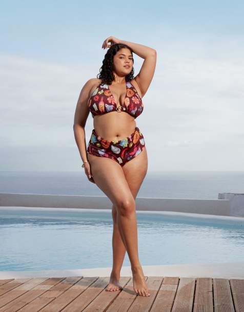 ASOS DESIGN Curve Celeste ring detail bikini set in vacation print - view 1