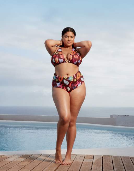 ASOS DESIGN Curve – Celeste – Semestermönstrad bikiniunderdel med hög midja och hög benskärning, 3 av 4