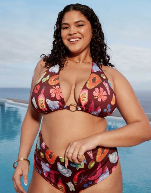 ASOS DESIGN Curve - Celeste - Top bikini con stampa vacanziera e dettaglio ad anello