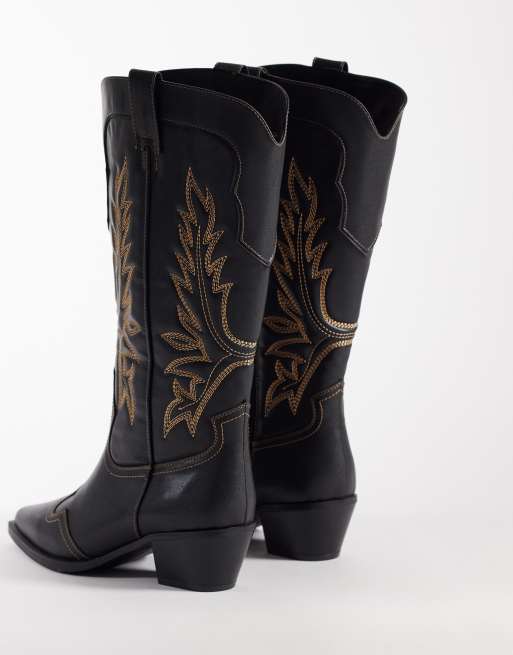 ASOS DESIGN Curve – Celestine – Flache, kniehohe Westernstiefel in poliertem Schwarz, 4 von 4