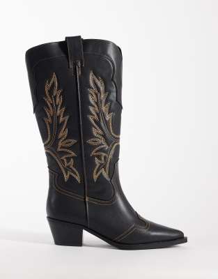 ASOS DESIGN Curve Celestine flat western knee boots in black burnish