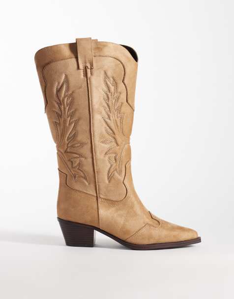 ASOS DESIGN Curve - Celestine - Stivali al ginocchio bassi stile western in camoscio sintetico color tortora - view 1