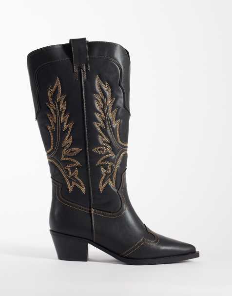 ASOS DESIGN Curve - Celestine - Stivali al ginocchio bassi stile western nero brunito - view 1
