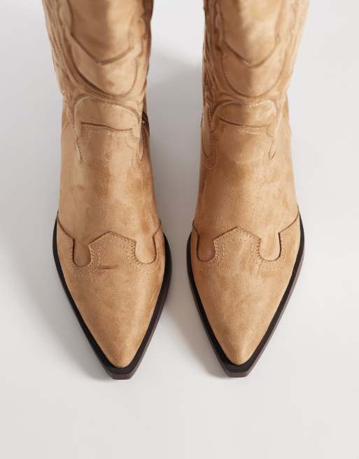 ASOS DESIGN Curve Celestine western knee boots in taupe suedette, 2 of 4