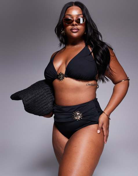 ASOS DESIGN Curve Celina high waist bikini bottom with swirl trim in black