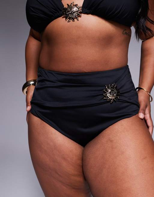 ASOS DESIGN Curve Celina high waist bikini bottom with swirl trim in black, 3 of 4
