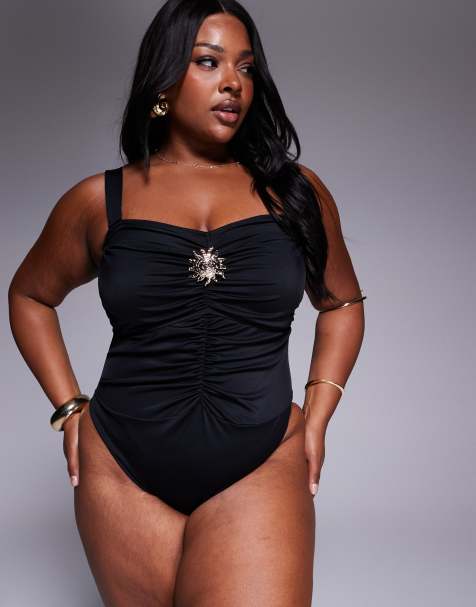 ASOS DESIGN Curve Celina swimsuit with swirl trim in black - view 1