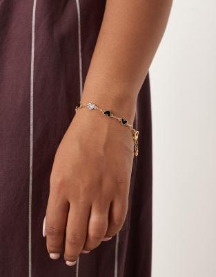 ASOS DESIGN Curve chain bracelet with black enamel heart details in gold tone