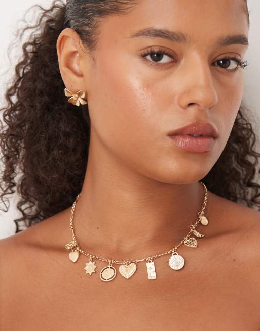 ASOS DESIGN Curve chain necklace with smalls charms in gold tone