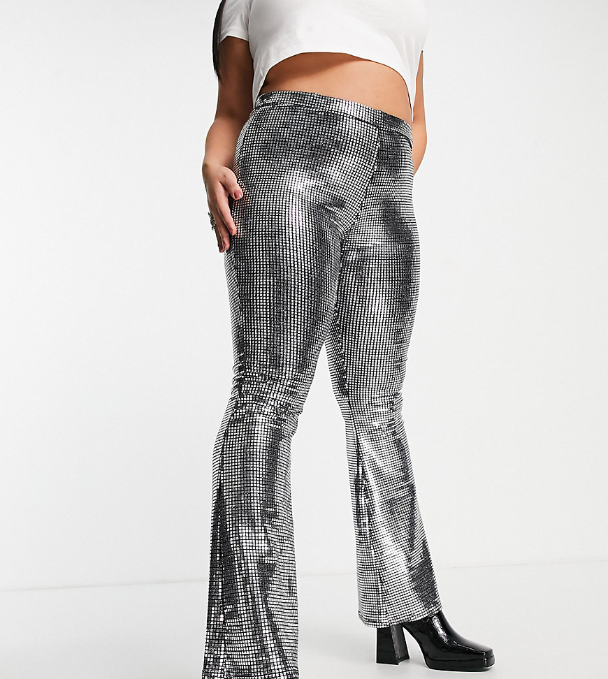 ASOS DESIGN Curve chainmail sequin slim flare pant in silver-Multi