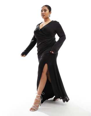 Asos Design Curve Chainmail Sheer Plunge Maxi Dress With Angel Sleeves In Black-Copper