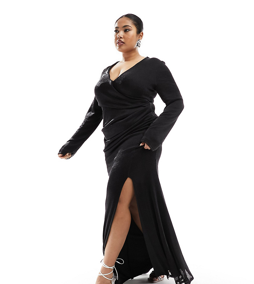 Asos Curve Asos Design Curve Chainmail Sheer Plunge Maxi Dress With Angel Sleeves In Black-copper