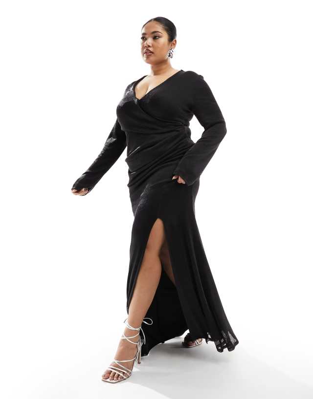 ASOS Curve - ASOS DESIGN Curve chainmail sheer plunge maxi dress with angel sleeves in black