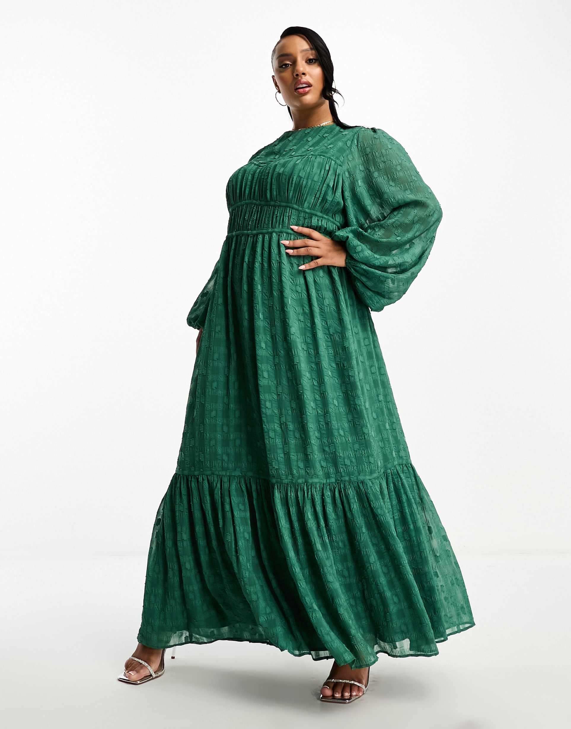 asos design curve channel waist maxi dress in dark green texture