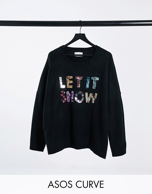ASOS DESIGN Curve Charity Christmas jumper sequin let it snow for ASOS Foundation